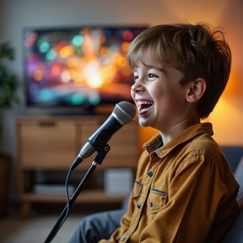 Enthusiastic young boy singing into professional microphone at home with colorful TV screen in background, capturing childhood passion for music and entertainment.