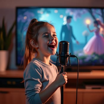 Young girl enthusiastically singing into a professional microphone at home, with animated movie scene playing on TV in background, capturing childhood passion for music.