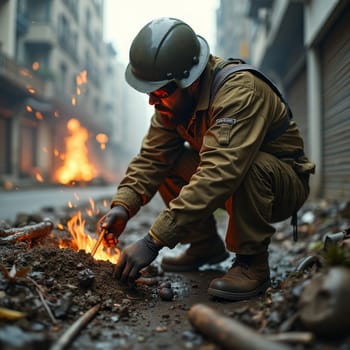 Firefighter in protective gear examines burning debris on city street, showcasing bravery and dedication in dangerous emergency situations.