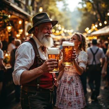 Smiling elderly man in traditional Bavarian attire holding two large beer mugs at a festive outdoor celebration, with blurred crowd and string lights in background.