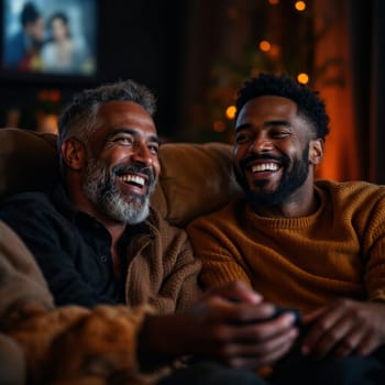 Two diverse men, one older with gray beard and one younger, share a joyful moment on the couch while watching television in a cozy living room setting.