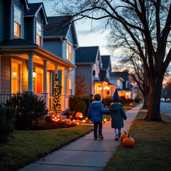 Two children walking on sidewalk of illuminated neighborhood at dusk, surrounded by jack-o-lanterns and festive decorations, capturing the magic of Halloween night.