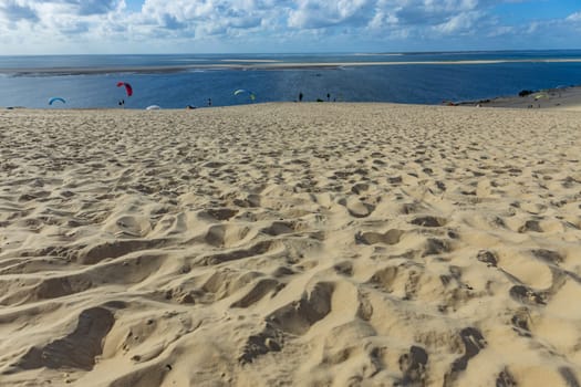 Dune of Pilat, France - August 14, 2024: People paragliding at the Great Dune of Pilat, Arcachon Basin, Nouvelle Aquitaine, France.
