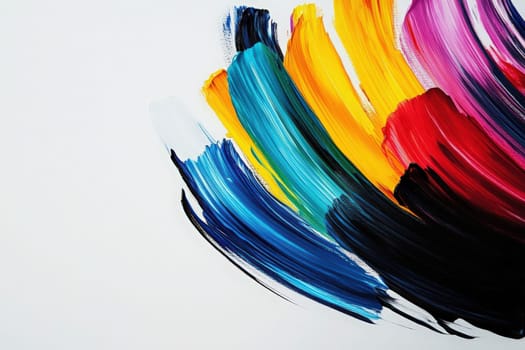 A dynamic arrangement of colorful brush strokes cascades across a solid white canvas, showcasing the artists creative expression and mastery of color blending in this vibrant composition.
