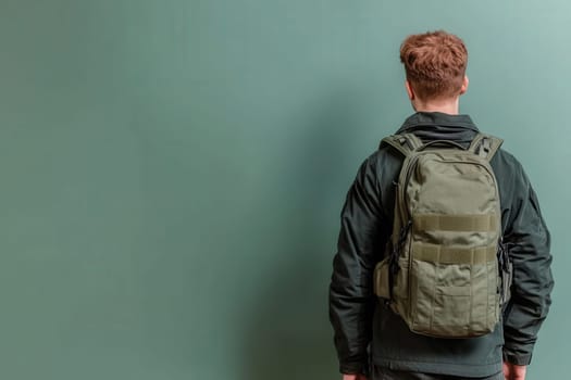 The border control officer is positioned against a clean, solid backdrop, wearing a black jacket and an olive green backpack. This setting suggests an official environment focused on security.