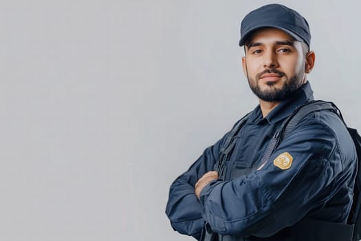 A border control officer stands with arms crossed, displaying a composed demeanor in uniform. The setting is clean and minimal, emphasizing professionalism and authority in border security.