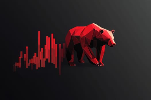 The artwork features a striking minimalist design showcasing a geometric bear, symbolizing bearish market trends, alongside a red bar graph reflecting market decline.