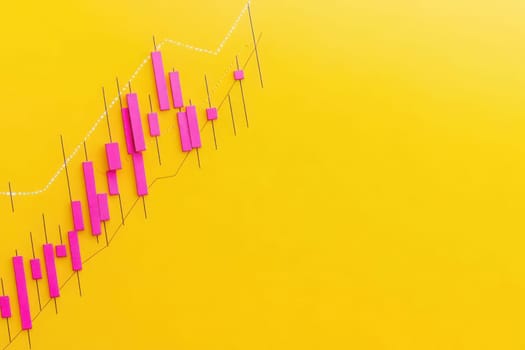 A vibrant stock chart shows an upward trend with vivid pink bars and grey lines on a bright yellow background, illustrating market growth and investment opportunities.