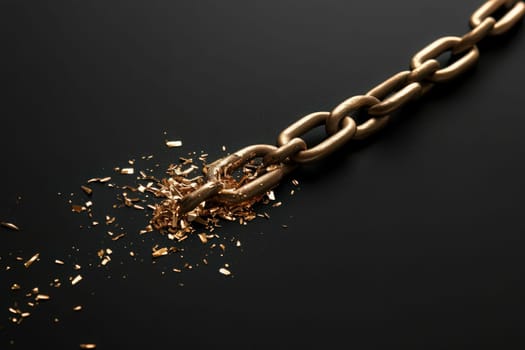 A broken chain lies on a dark surface, with metallic shards scattered around it, representing economic disruptions and financial challenges in a contemporary minimalist style.