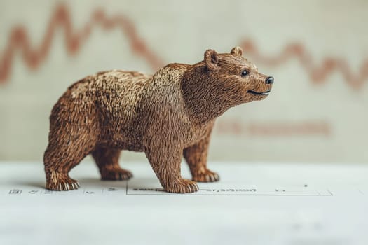 A small bear figurine stands on a clean surface, reflecting a bearish market trend illustrated in the background. The contrasting elements highlight the current economic sentiment.