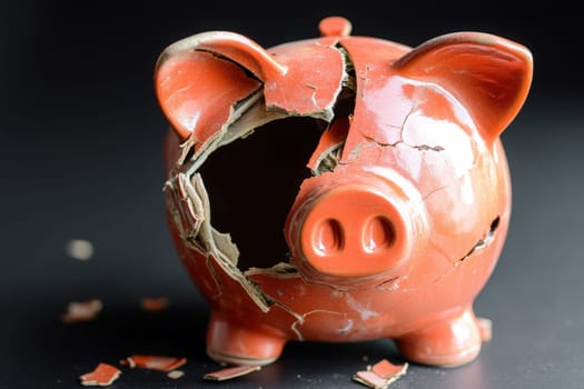 The broken piggy bank lies on a solid black surface, revealing its hollow interior. Shattered pieces surround it, hinting at a loss of savings and missed opportunities.