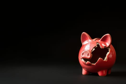 The broken piggy bank lies on a clean black surface, displaying a significant crack that exposes its empty cavity. This damaged coin bank symbolizes financial loss and broken savings.
