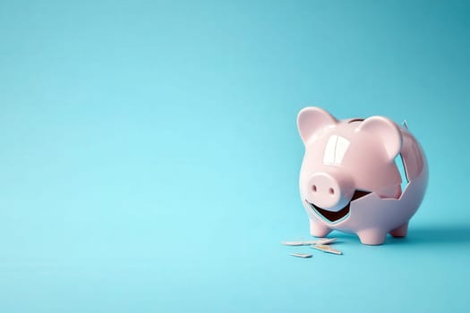 The broken piggy bank sits on a solid blue background, with coins scattered around, symbolizing financial challenges and the importance of savings.