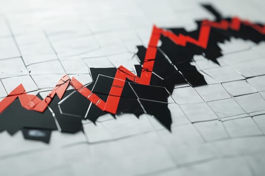 The artwork features a broken stock chart that visually represents a downward trend in financial markets. The sharp contrast between red and black elements emphasizes the decline.
