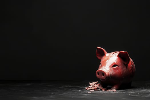 A broken piggy bank sits on a clean black surface, with coins scattered around it, symbolizing lost savings. The stark contrast highlights the unexpected end of financial dreams and plans.