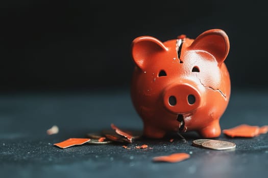 The cracked red piggy bank sits on a clean black background, surrounded by scattered coins and fragments. It symbolizes wasted savings and financial setbacks.