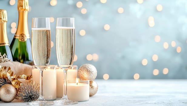 Two champagne glasses and bottles with Christmas decorations and candles on a sparkling background. Festive celebration, New Year concept.