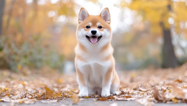 Happy Shiba Inu dog sitting outdoors in autumn park