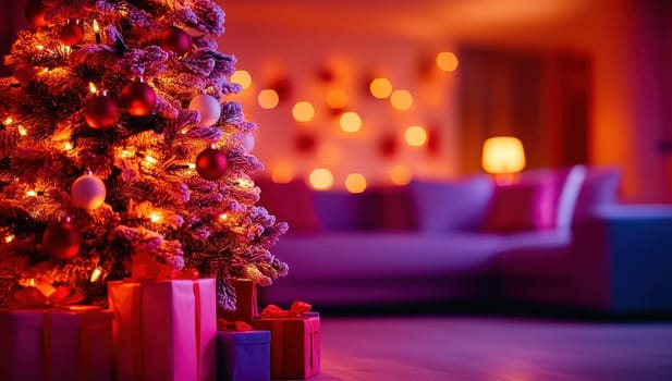 Decorated Christmas tree with lights and ornaments in a cozy living room