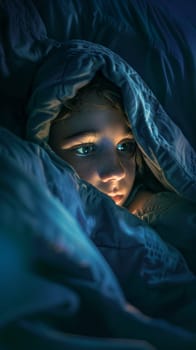 Under a sea of blankets, a young boy's face reflects the intense blue light of a screen, highlighting his captivated gaze. Intimate scene reveals a nightly ritual of the modern age with technology