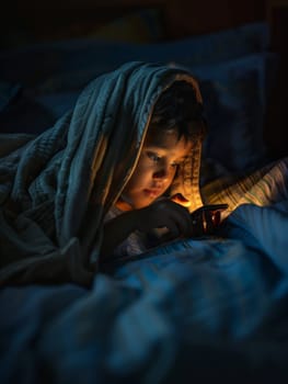 A young child is cocooned in a blue blanket, eyes wide with the soft glow of a smartphone lighting up their face. The tranquil darkness of the room contrasts with the vivid screen