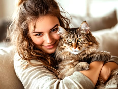 A woman in casual sits on the sofa, holding her cat and smiling at it. Ai generative.