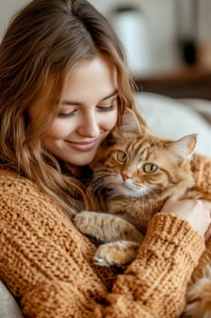 A woman in casual sits on the sofa, holding her cat and smiling at it. Ai generative.