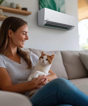 A woman in casual sits on the sofa, holding her cat and smiling at it. Ai generative.