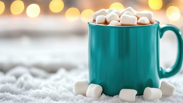 Mug of hot chocolate with marshmallows on snow, cozy winter holiday background with bokeh lights.