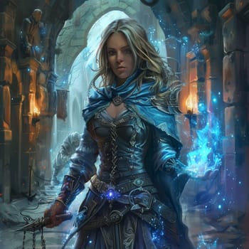 A blonde sorceress channels the blue energy of her crystal, her determined face reflecting the intensity of her spell. The surrounding runes and icy atmosphere suggest a high-stakes magical endeavor