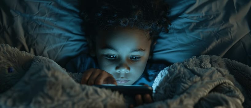 In the embrace of a dark room, a child's face is aglow with the blue light from a handheld device, their attention fully seized by the screen's contents