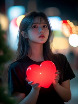 A young woman holding a large red heart in her hands. AI generative.