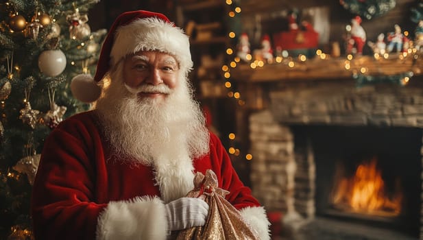 Jolly Santa Claus with Sack by Fireplace, Christmas Cheer