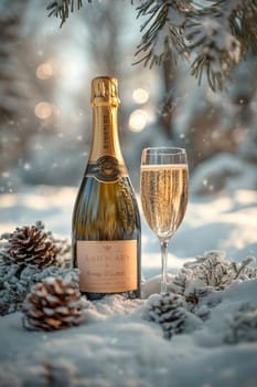 beautiful card with fir tree branches with champagne and garlands for christmas. AI generative.