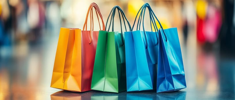 Row of colorful shopping bags in rainbow hues standing on reflective surface, symbolizing retail therapy and consumer spending.