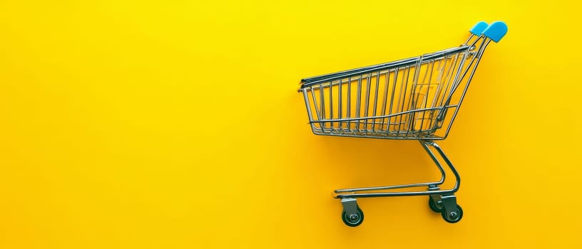 A shopping cart against a bright yellow backdrop, offering ample copy space for retail-themed designs.