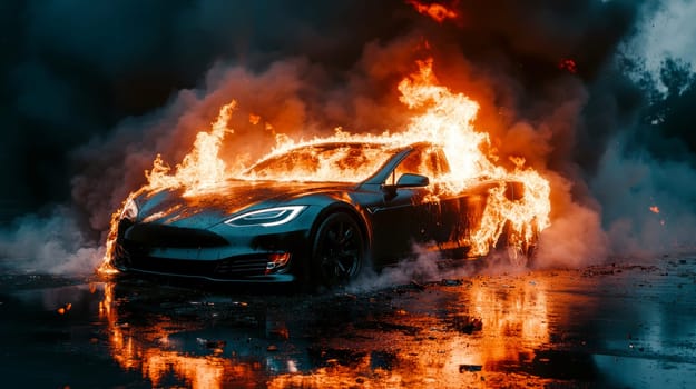 electric car engulfed in flames. AI generative.