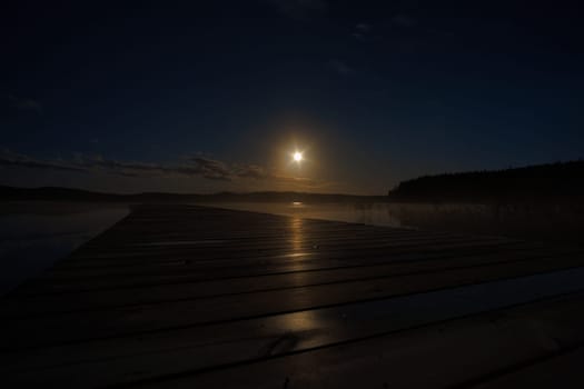 Moonlight over a lake in Sweden into which a wooden stay reaches. Scandinavian nature