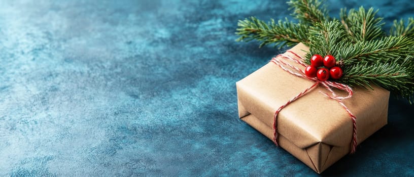 A festive gift box wrapped in brown paper with pine branches and red berries, set on a blue background with space for text.