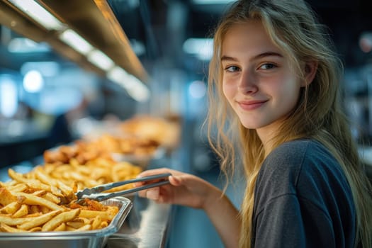 A woman at the diner putting on fries and chicken wings. AI generative.