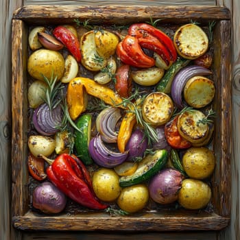 a rustic baking sheet filled with freshly roasted vegetables, including colorful peppers, onions, potatoes, zucchini and whole garlic cloves. Ai generative.