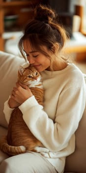 A woman in casual sits on the sofa, holding her cat and smiling at it. Ai generative.