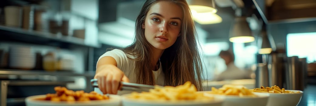 A woman at the diner putting on fries and chicken wings. AI generative.