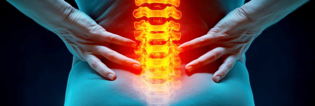 man with back pain X-ray, holding red painful spot. AI generative.