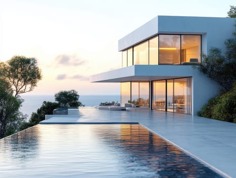 minimalist villa with sea in dawn . AI generative.