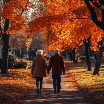 elderly couple is taking a walk in the country lane under the shade of trees. AI generative.