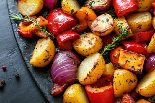 a rustic baking sheet filled with freshly roasted vegetables, including colorful peppers, onions, potatoes, zucchini and whole garlic cloves. Ai generative.