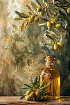 Olive oil, olives and olive branches. AI generative.