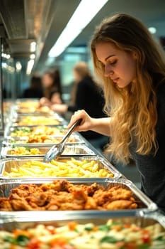 A woman at the diner putting on fries and chicken wings. AI generative.
