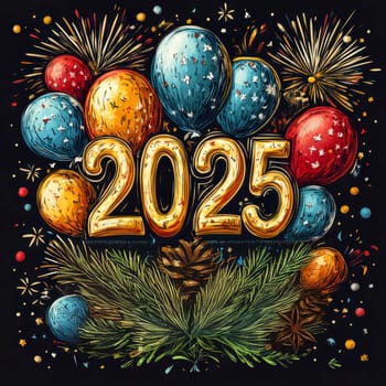 happy, new, year, number " 2025"" ballons, firework. AI generative."